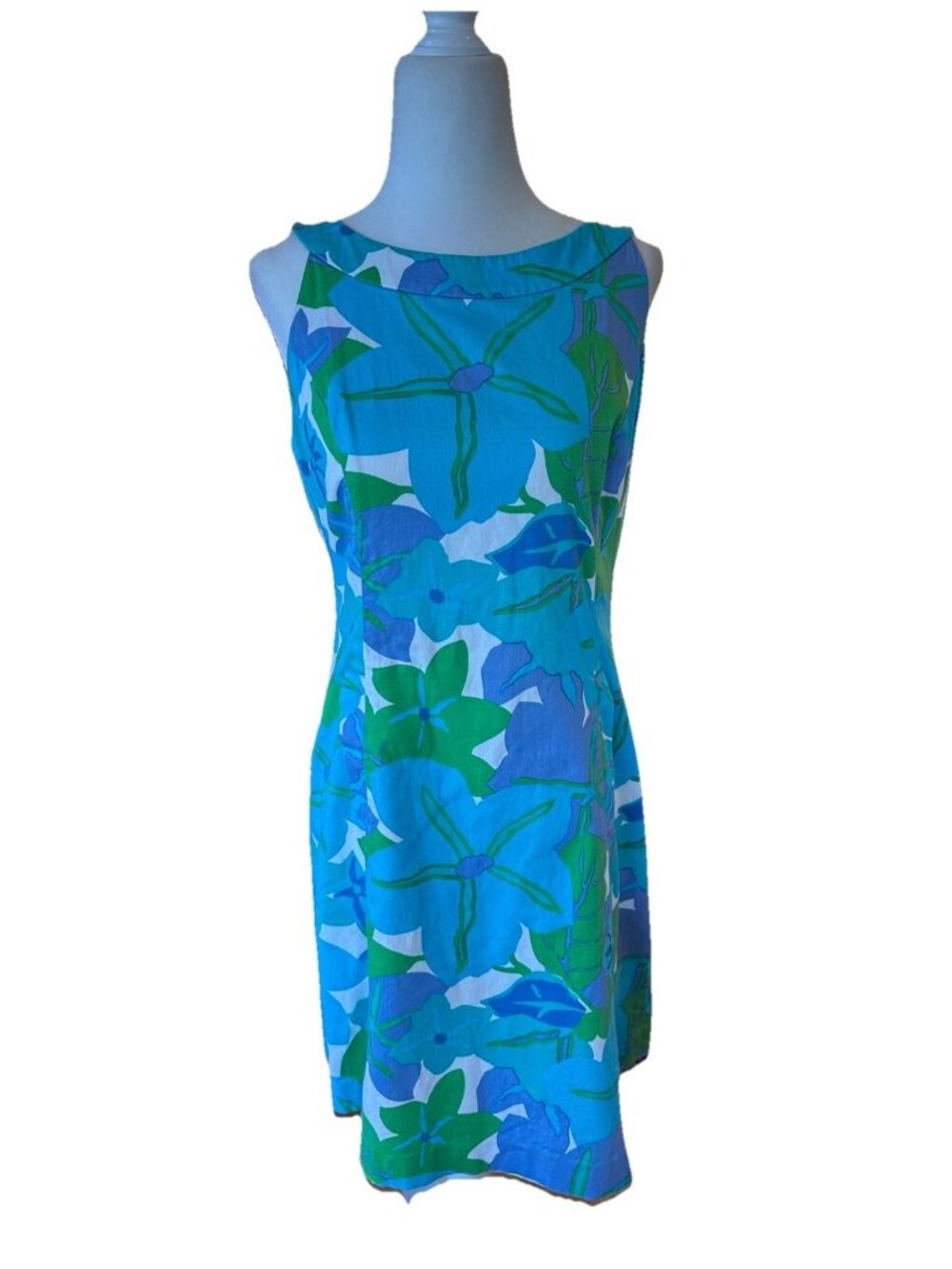 Vintage 1960s Mod Bright Blue Green Floral Sleeveless Dress Flower Power Med